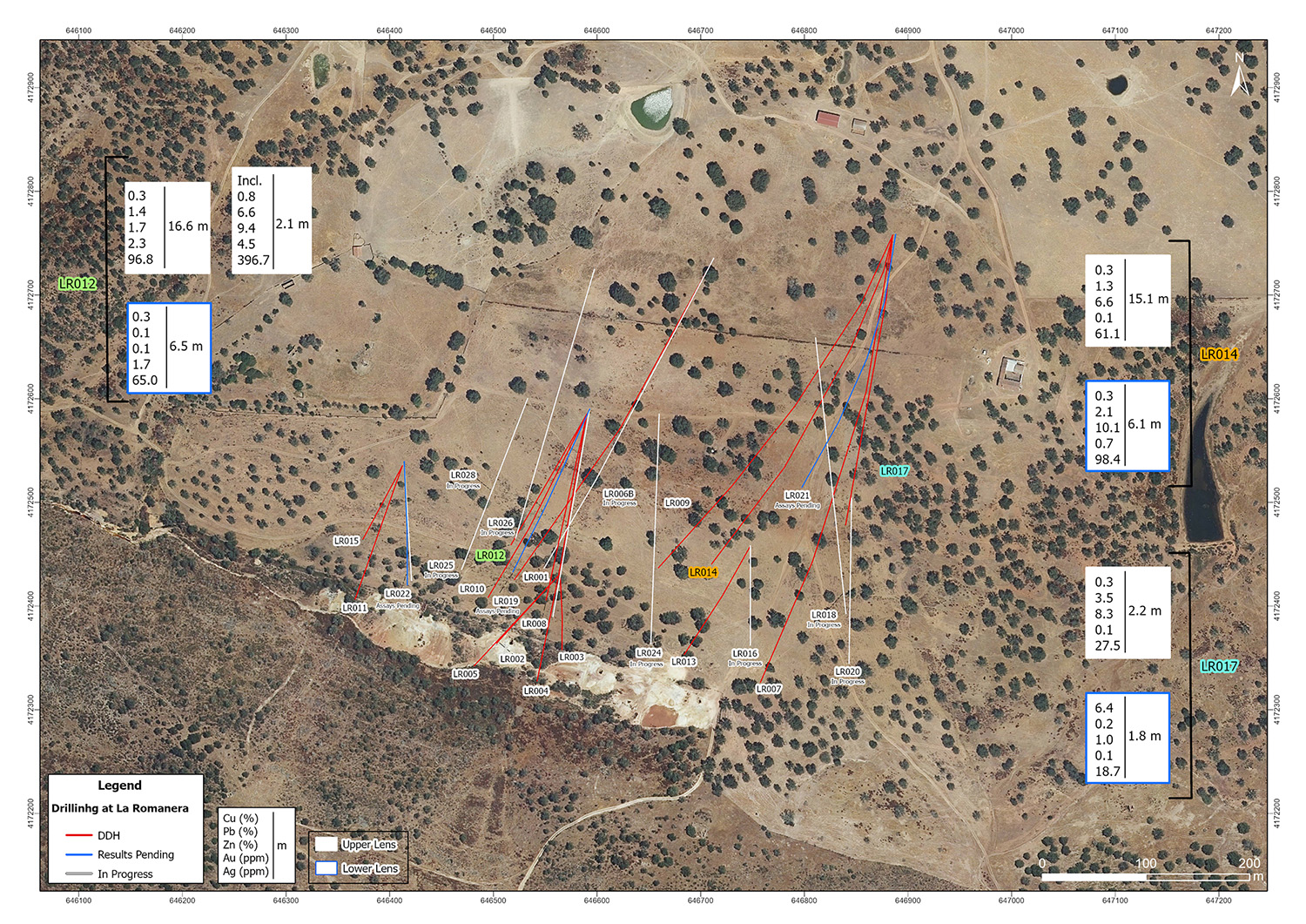 Location map, La Romanera Deposit drill holes LR012, LR014, and LR017. The white drill hole traces show drill holes that are in progress