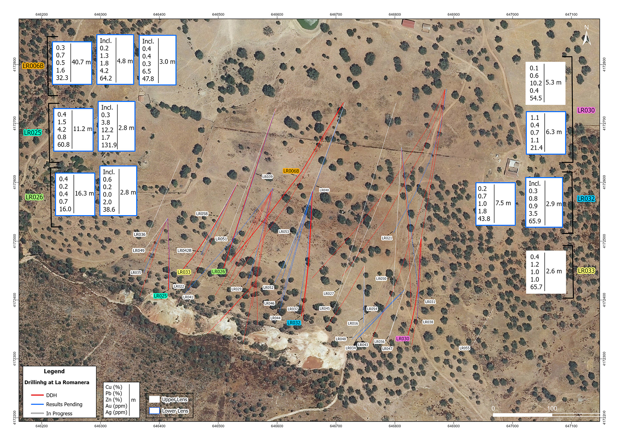 Location map, La Romanera Deposit drill holes LR006B, LR025, LR026, LR030, LR032 and LRO33.