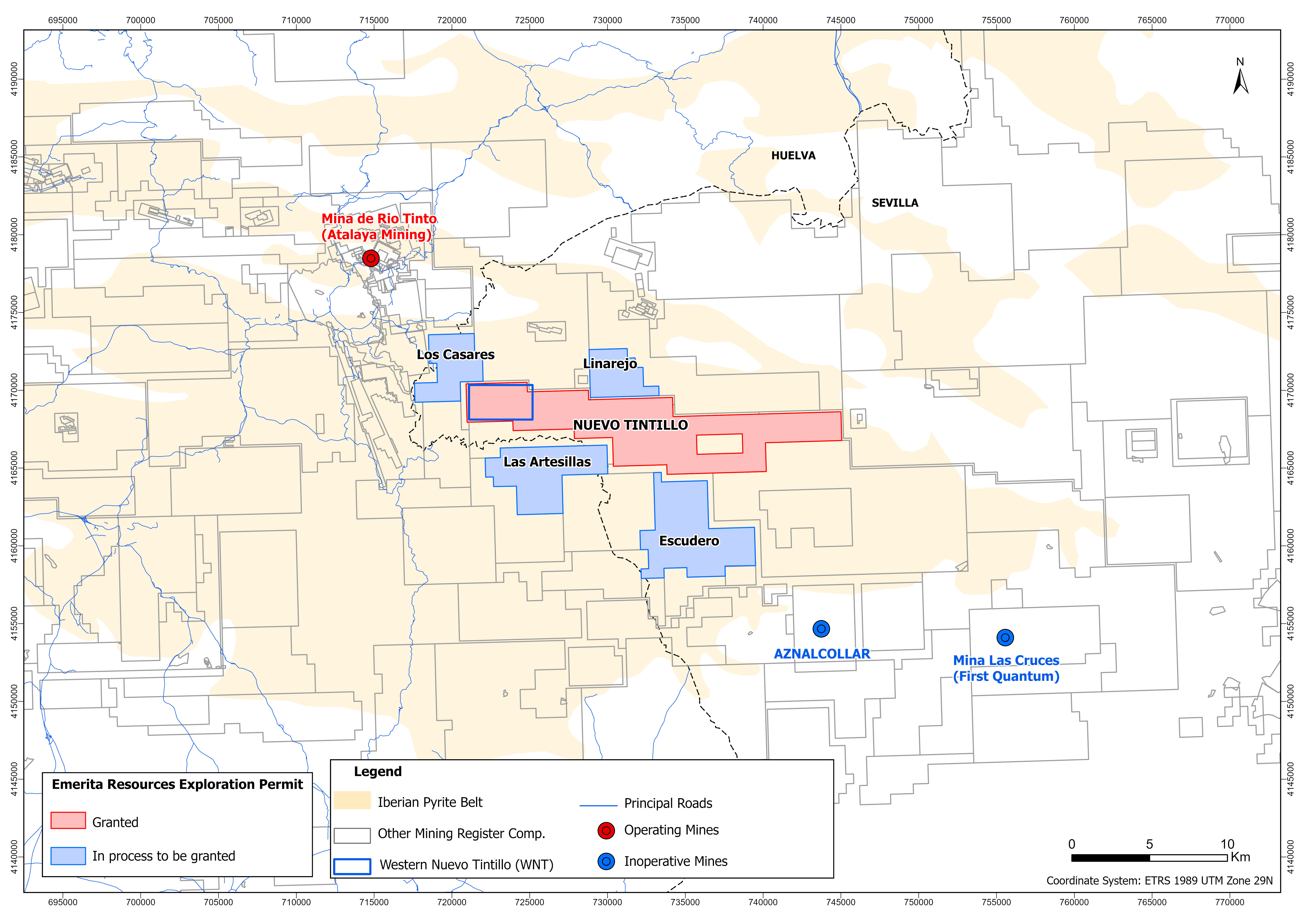 Figure 1: Location of the Nuevo Tintillo project with respect to Rio Tinto, Aznacóllar and Cobre Las Cruces deposits. Pending claims shown in blue.