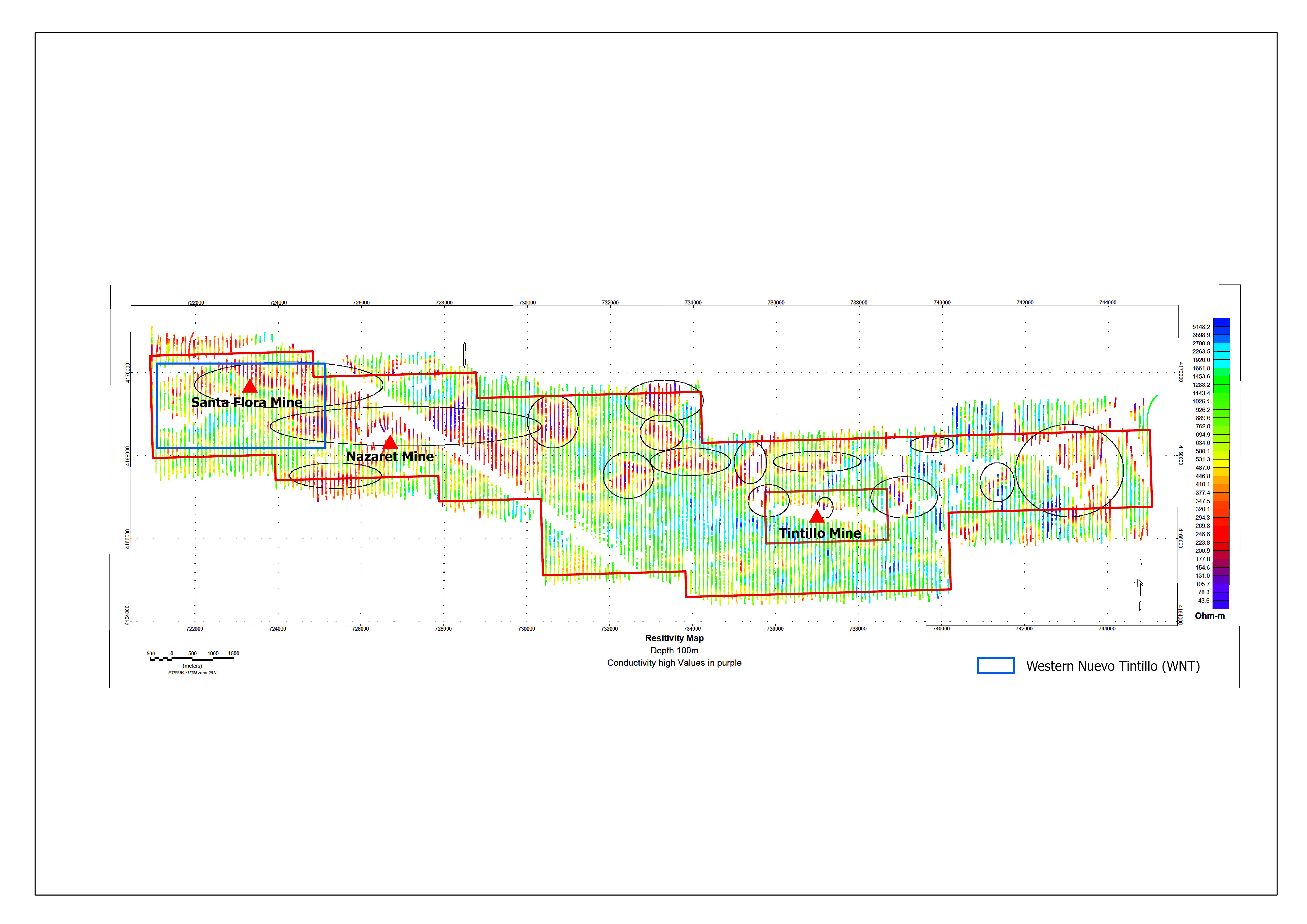 Figure 2: Conductive zones identified in TDEM survey (hot colors) and historic producing mines in Nuevo Tintillo (2km grid). The area outlined in blue around the Santa flora Mine is the area detailed in Figure 4.