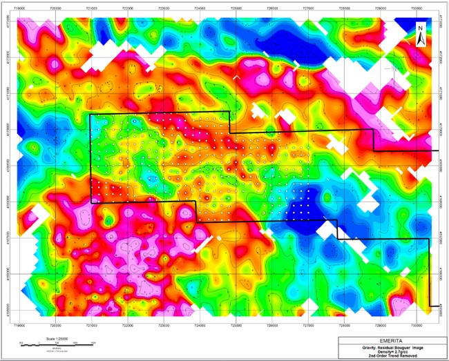 Figure 3: Combined historical and newly acquired gravimetry data collected by Emerita. Hot colors are gravimetric highs. The west portion of the Nuevo Tintillo project occurs in the black outline. The grid on the map is a 1km grid.