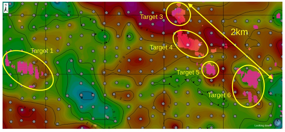 Figure 5: Plan view detail of gravity data previously shown, merged with TDEM conductivity data that has been filtered to show only very conductive zones (1km grid).