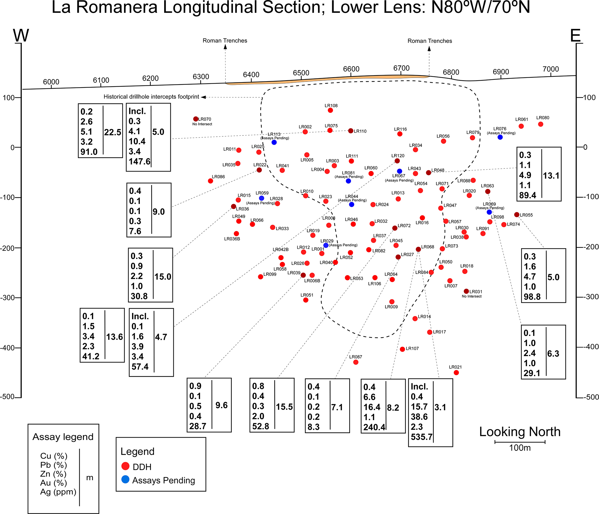 Plan map showing drill hole trace surface projections, La Romanera deposit