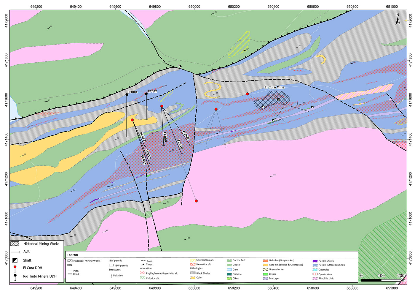 Figure 3: Geology map of El Cura area showing drill hole locations and location of historical mine workings.