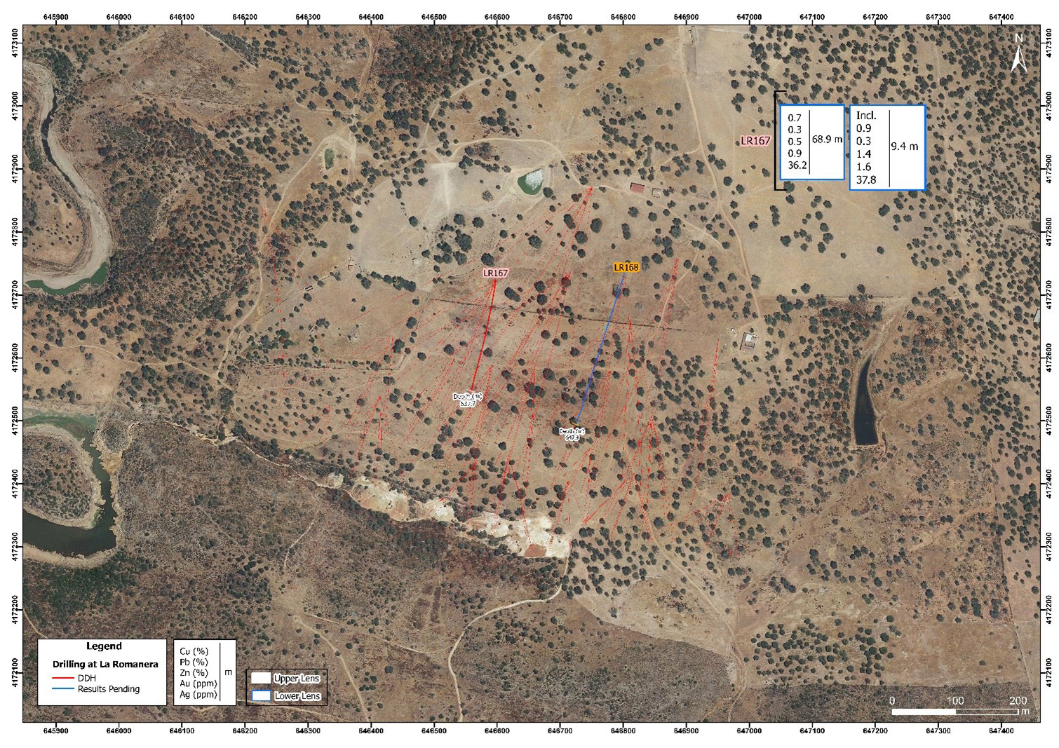 Location and trace of LR167 and LR168 (results pending) within the Romanera drill program.