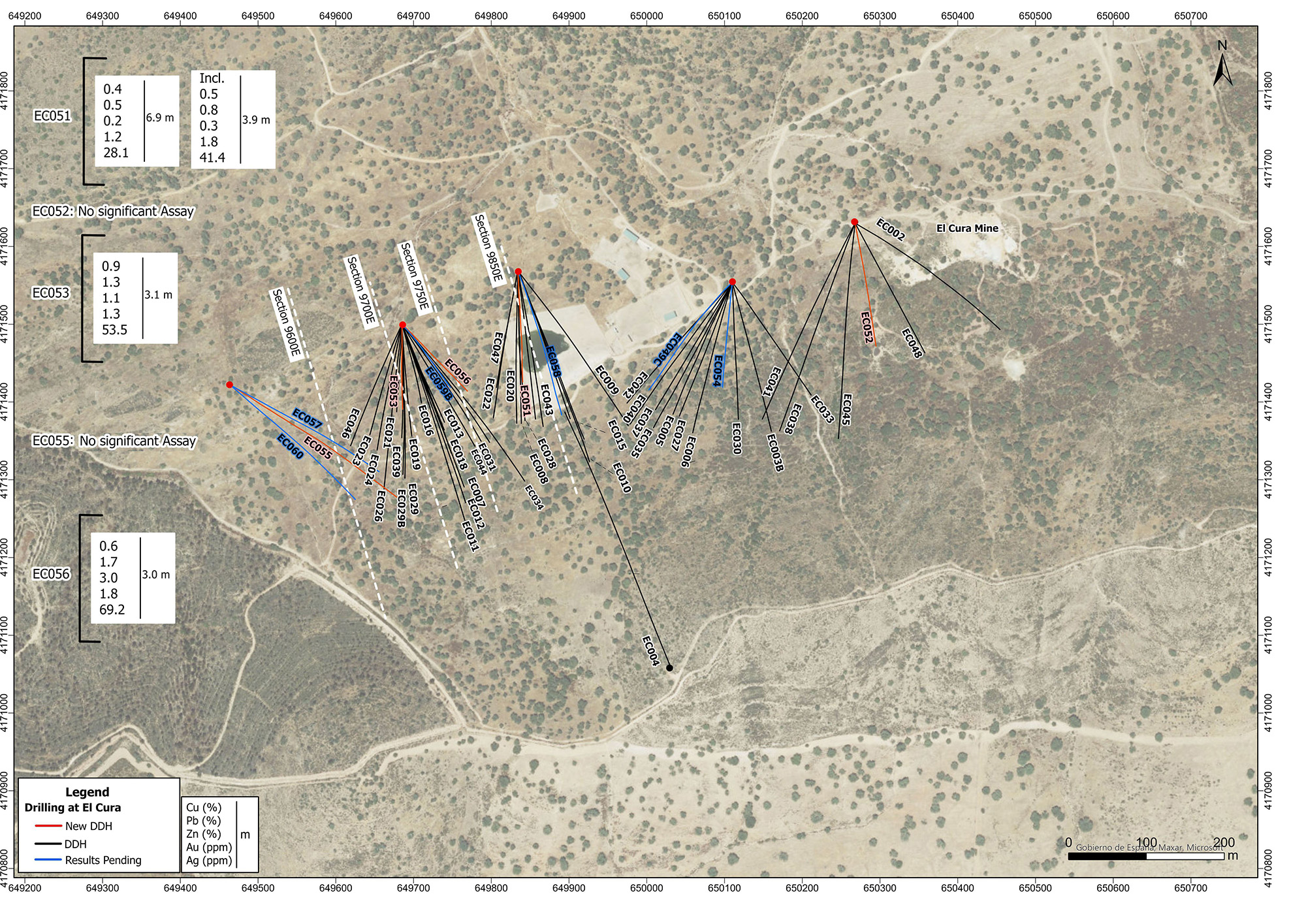 Plan view map showing drill hole traces of El Cura drilling. Hole traces in this release are colored red.