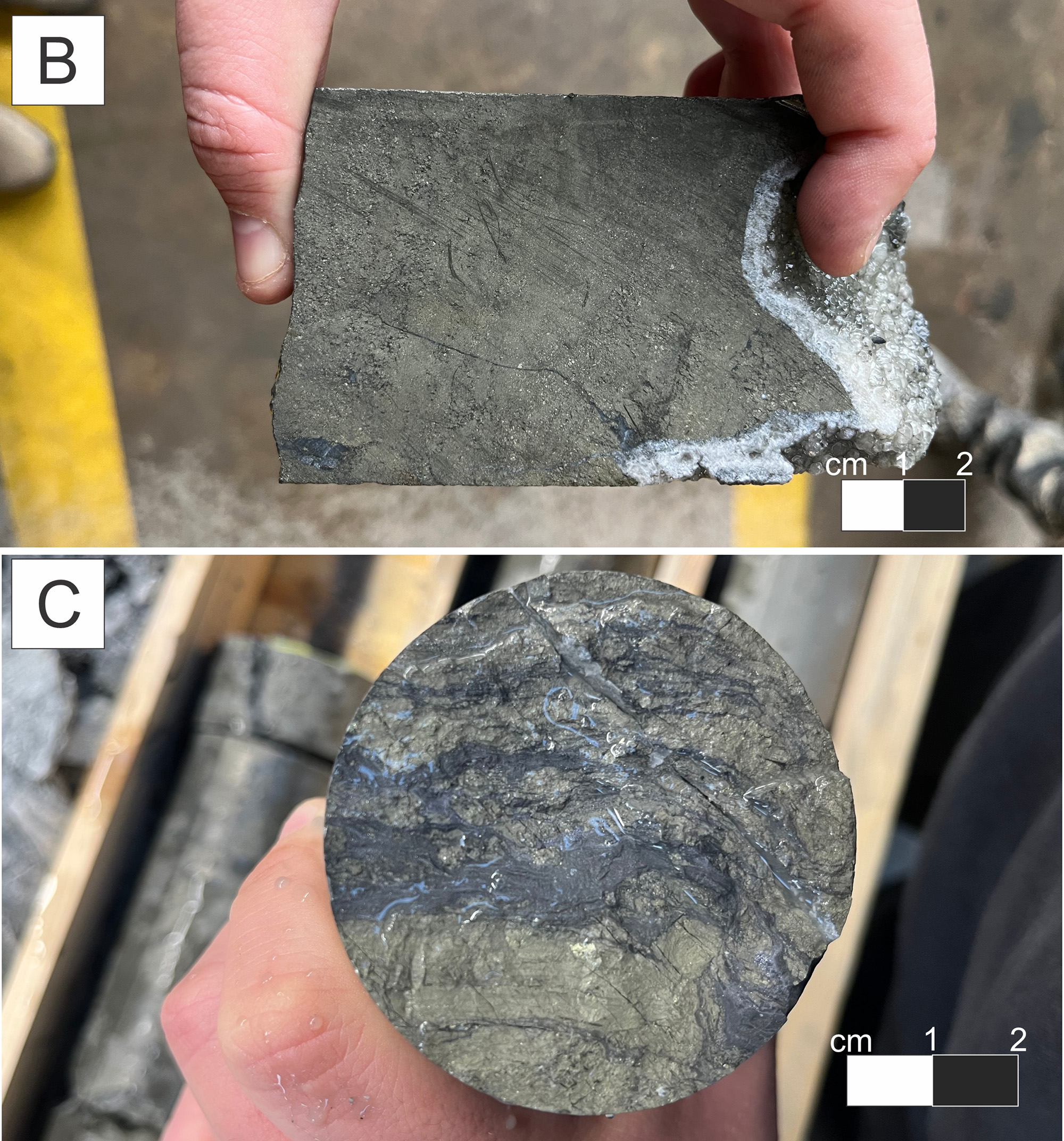 Photos of El Cura drillcore as described in this release: A: EC051; Fine grained massive sulphide.Visible chalcopyrite along fracture planes and irregular veinlet.