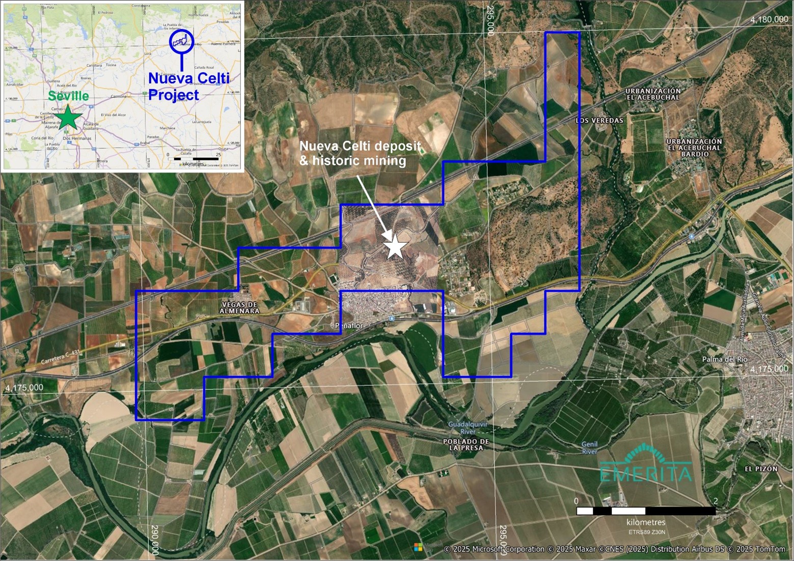 Map showing the Nueva Celti Project boundary and area of historic mining activity. Inset map shows location of the project located approximately 75 km northwest of the city of Seville.