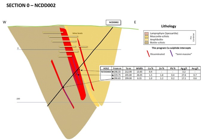 Cross section showing copper-rich intercept by previous operator at Nuevo Celti project.