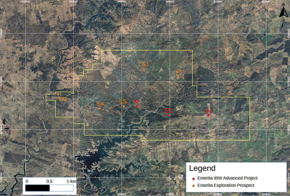 Figure 1: Areal extents of HTEM survey in yellow. IBW deposits that are subject to the mining license application are in red and exploration prospects, including past producers are indicated in orange. Abbreviations: R (La Romanera); EC (El Cura); IN (La Infanta); P (Penuelas); SJ (San Jose); LS (Los Silos); SA (San Antonio); TN (Terra Nova). The map grid has 1 km squares.